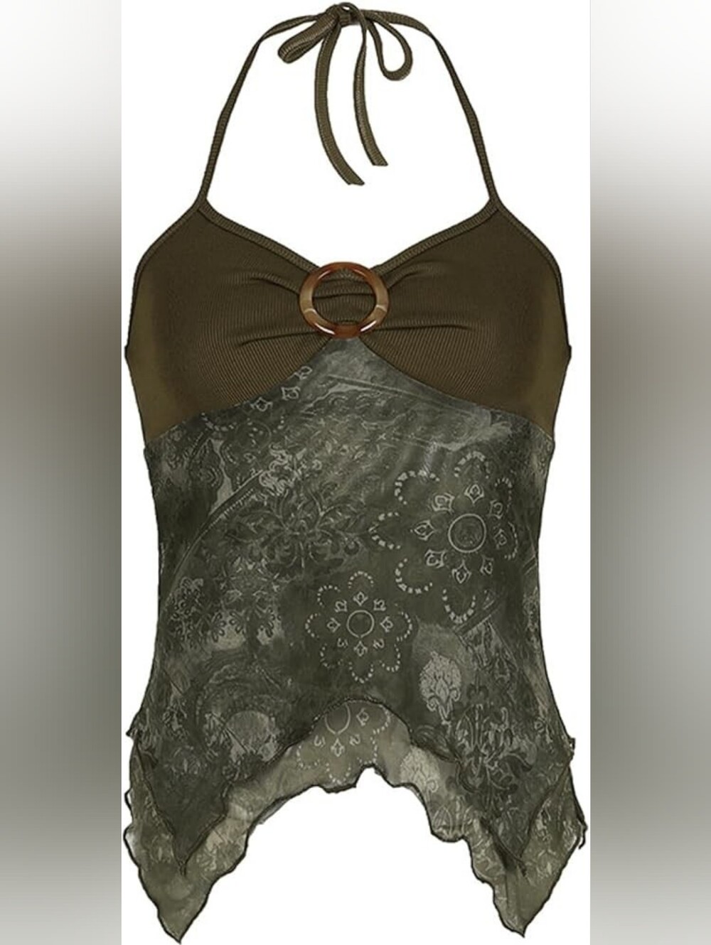 Women's Retro Printed Halter Top, Mesh Pleated Strappy Neck, Stylish Sleeveless